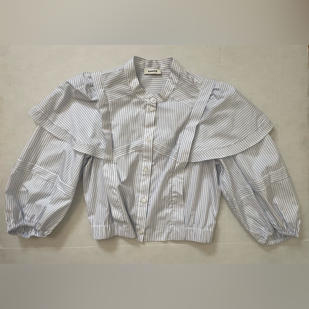 Sandro Yzeure Blue + White Cotton Striped Ruffled Cropped Shirt Size 4, Preppy - Picture 6 of 14